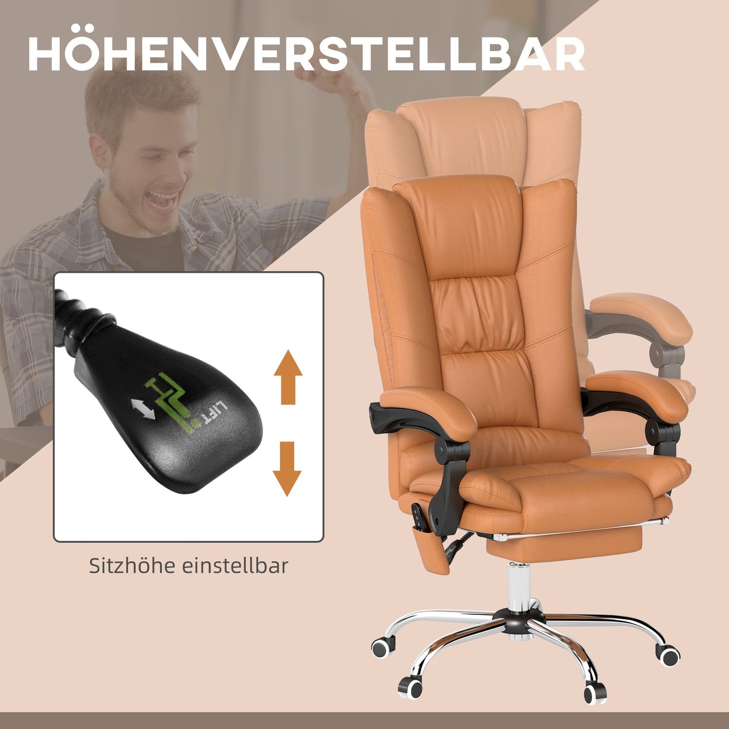 Massage office chair, desk chair with heating function, swivel chair, reclining function, height-adjustable PC chair, light brown