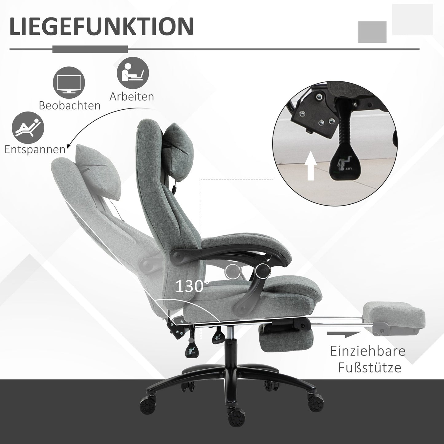 Ergonomic reclining gray office chair - adjustable in height