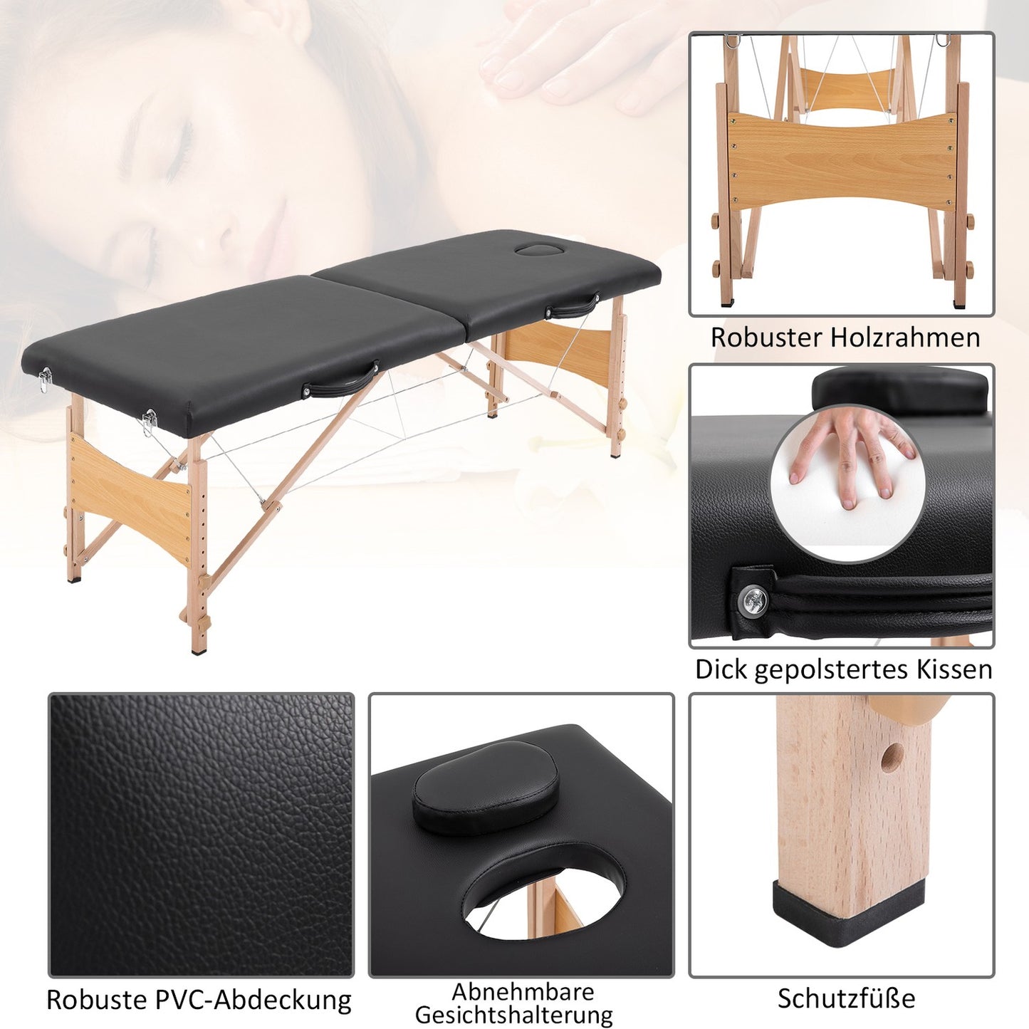 Height-adjustable massage table in black foam - poplar wood