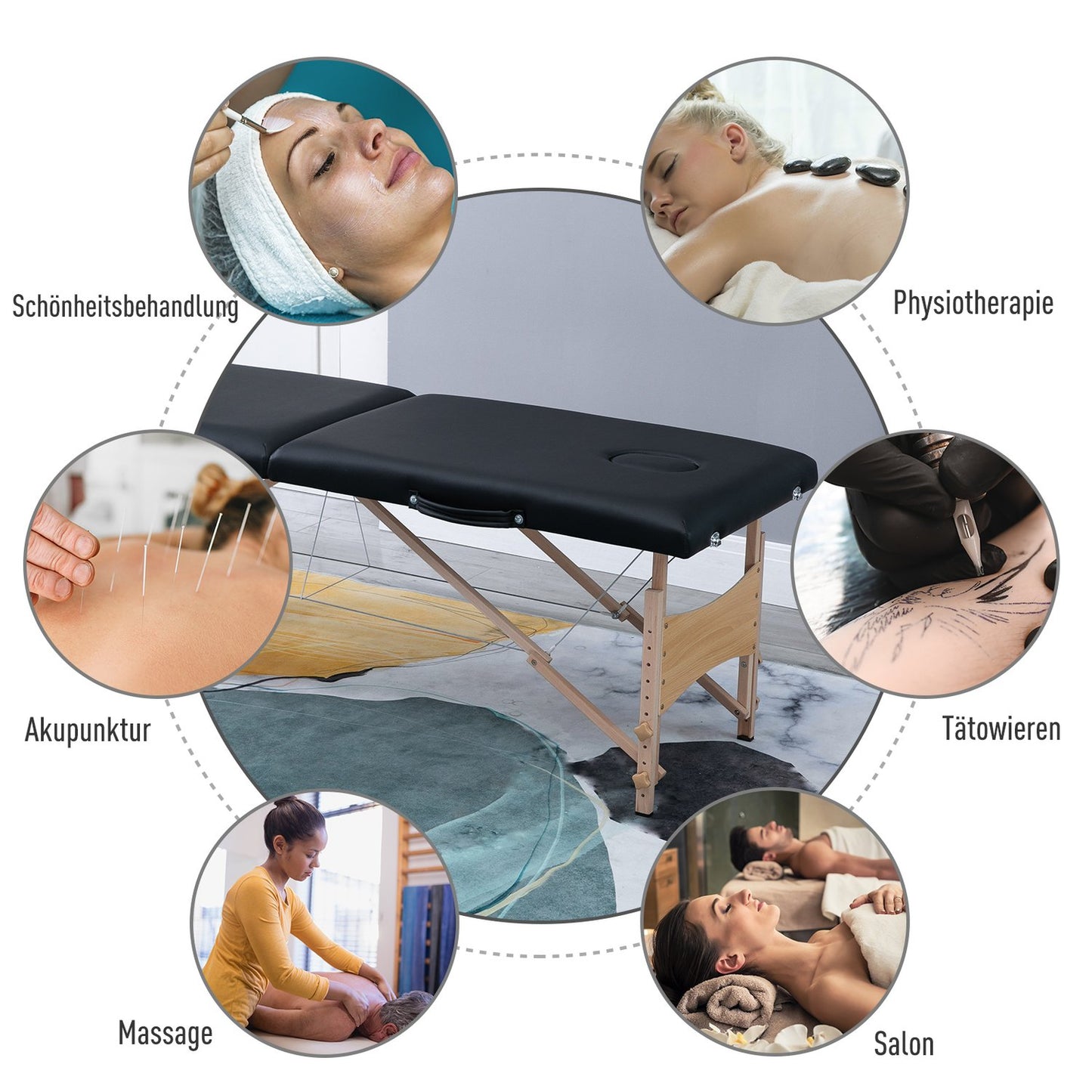 Height-adjustable massage table in black foam - poplar wood