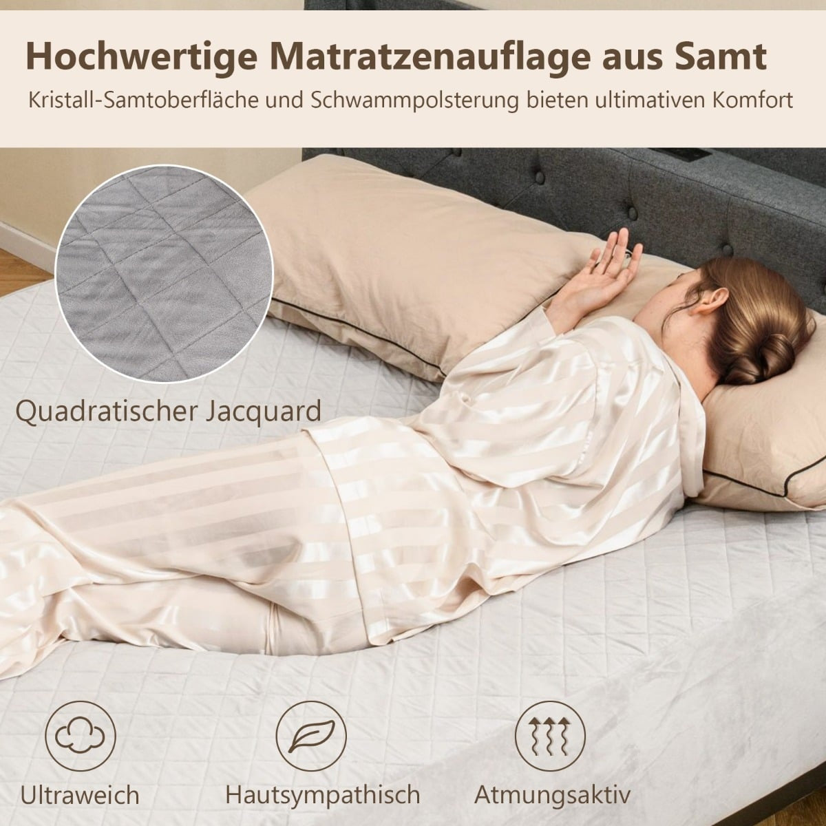 Mattress Protector, Deep Pocket, Velvet, 90x200 cm, Grey
