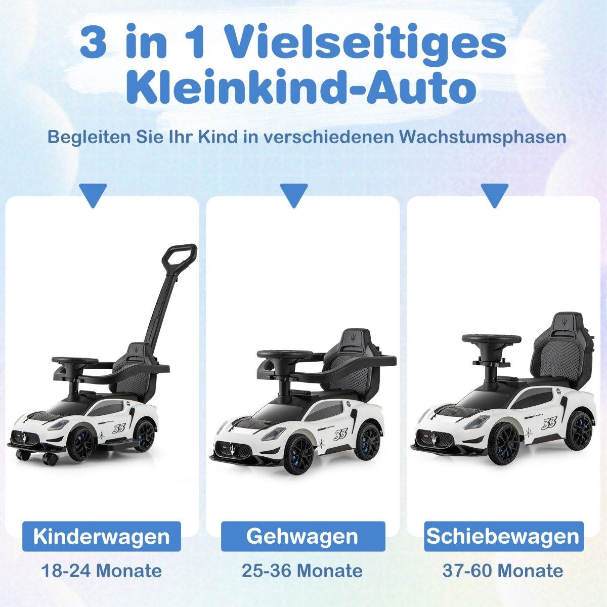 Mazerati ride-on car ride-on vehicle with protective bar &amp; Push bar white