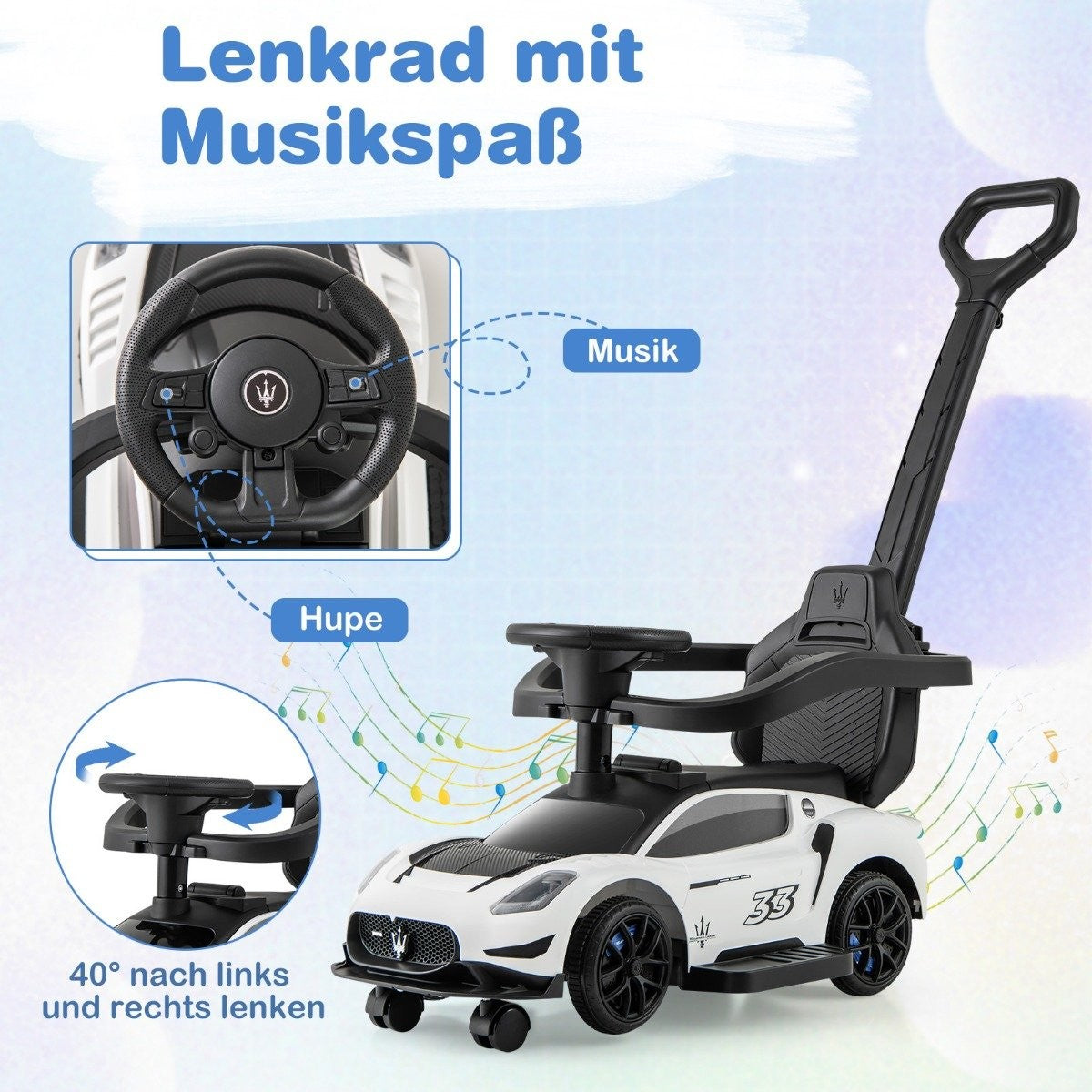 Mazerati ride-on car ride-on vehicle with protective bar &amp; Push bar white
