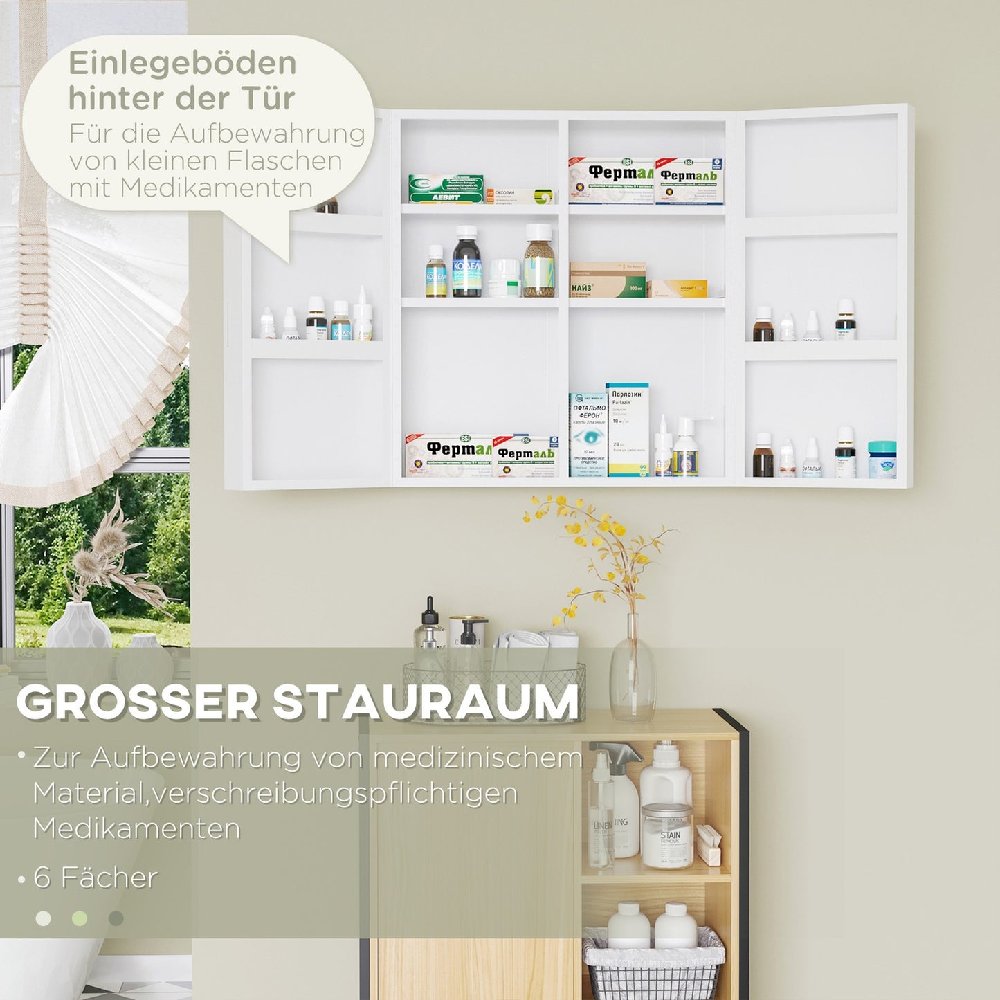 Wall-mounted medicine cabinet, steel, white, 6 shelves