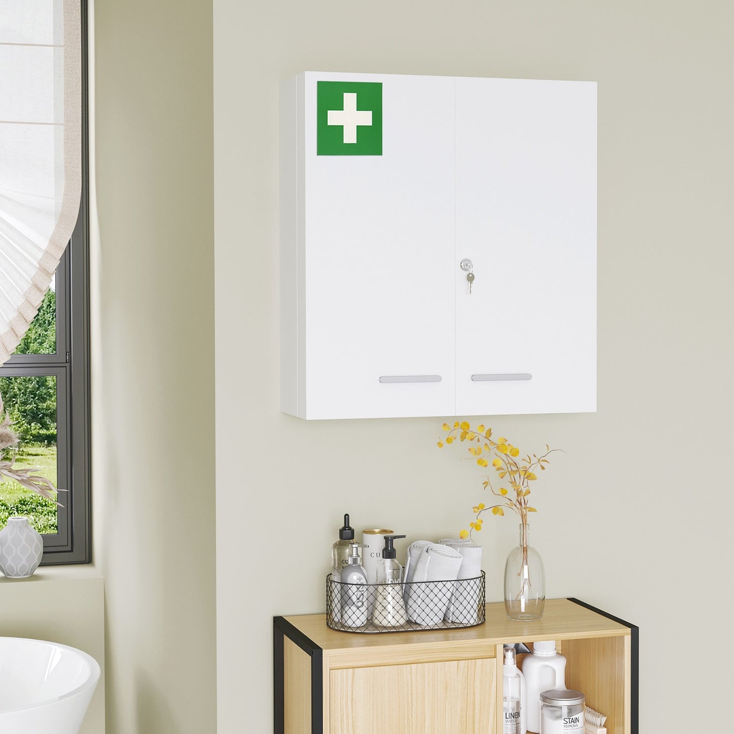 Wall-mounted medicine cabinet, steel, white, 6 shelves