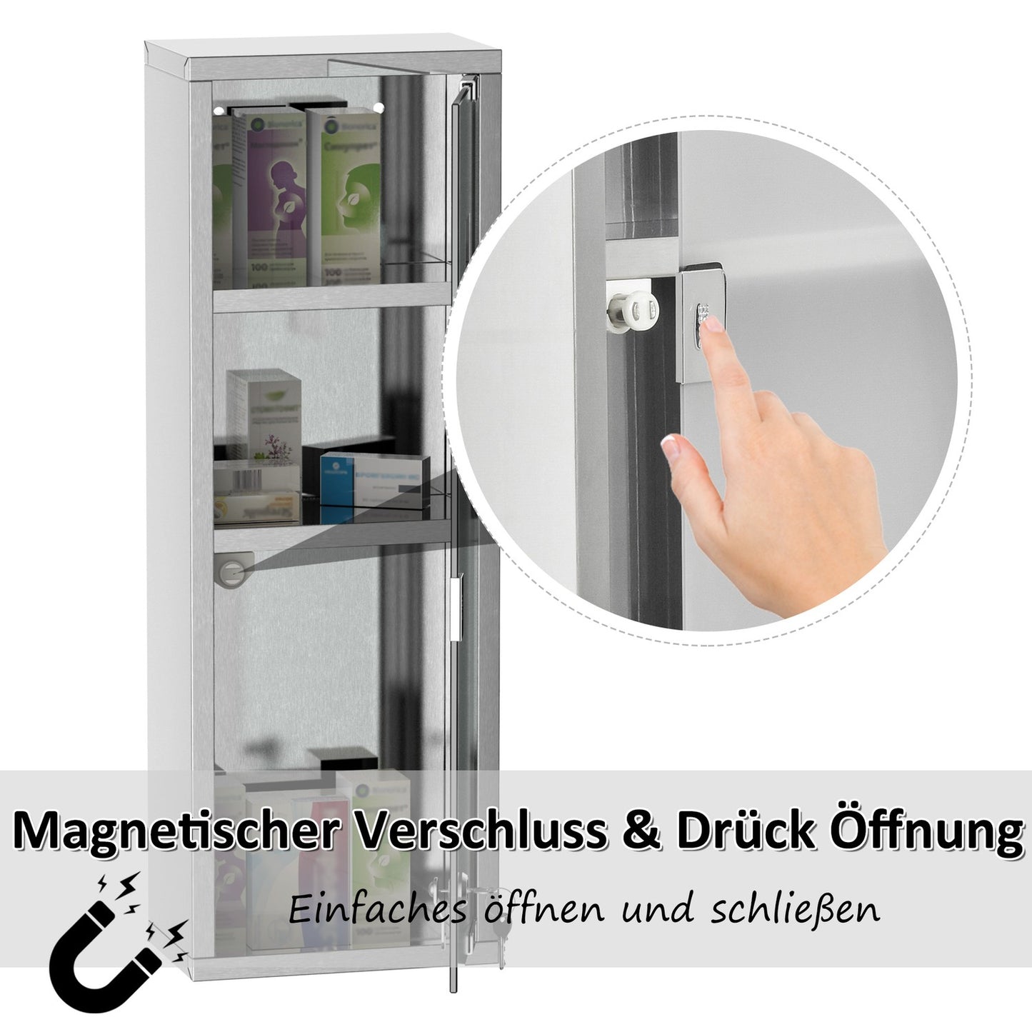Medicine cabinet in stainless steel with frosted glass, 20x12x58 cm