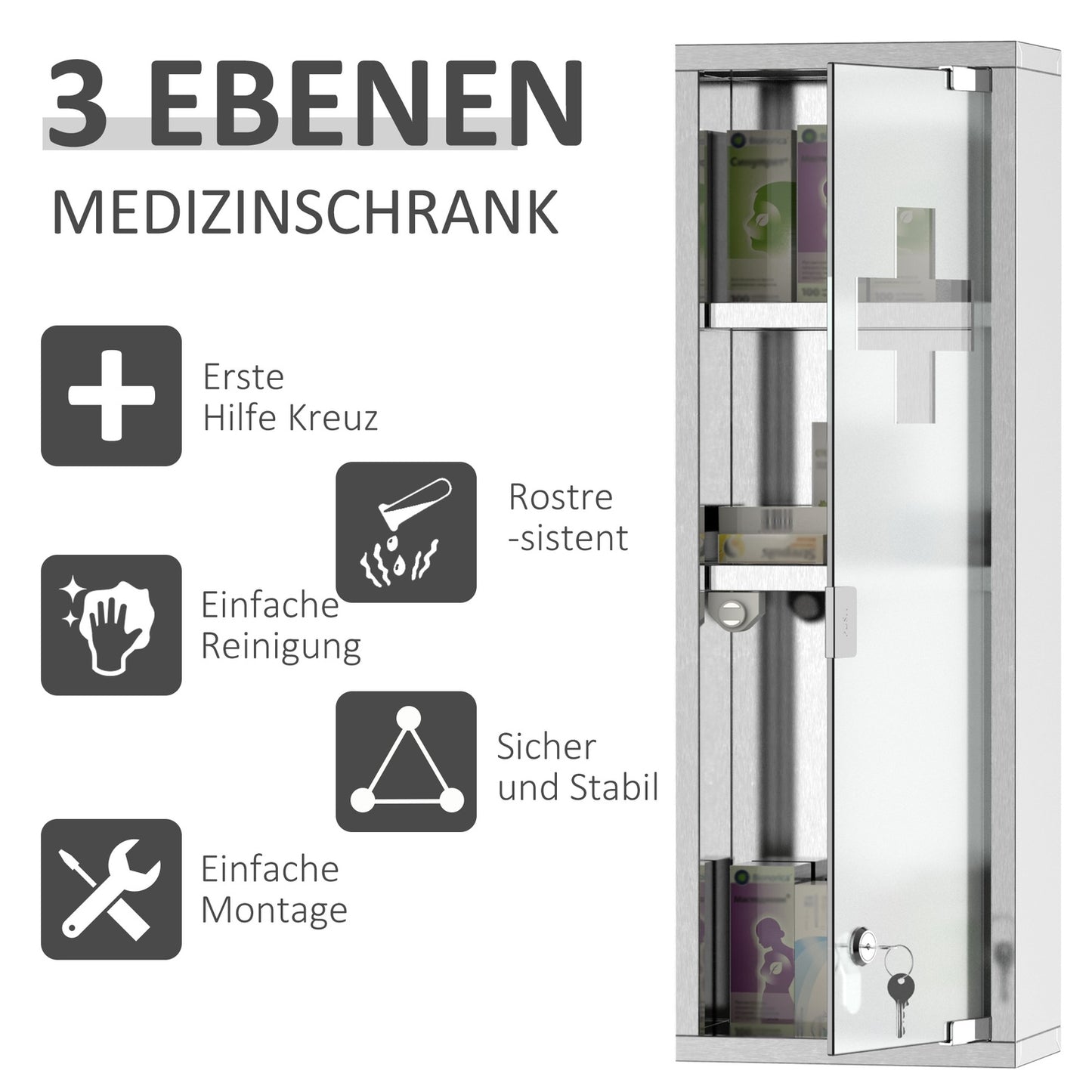 Medicine cabinet in stainless steel with frosted glass, 20x12x58 cm
