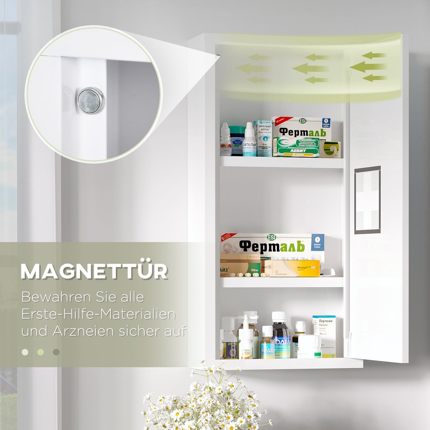 White medicine cabinet for first aid, magnetic closure, 40x15x53.5 cm