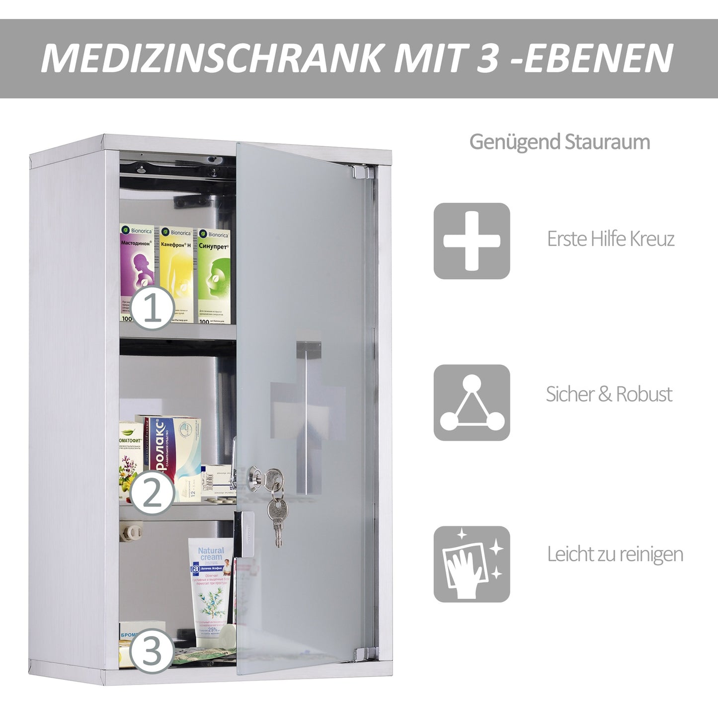Locking medicine cabinet in stainless steel, 30x18x50 cm Safe storage