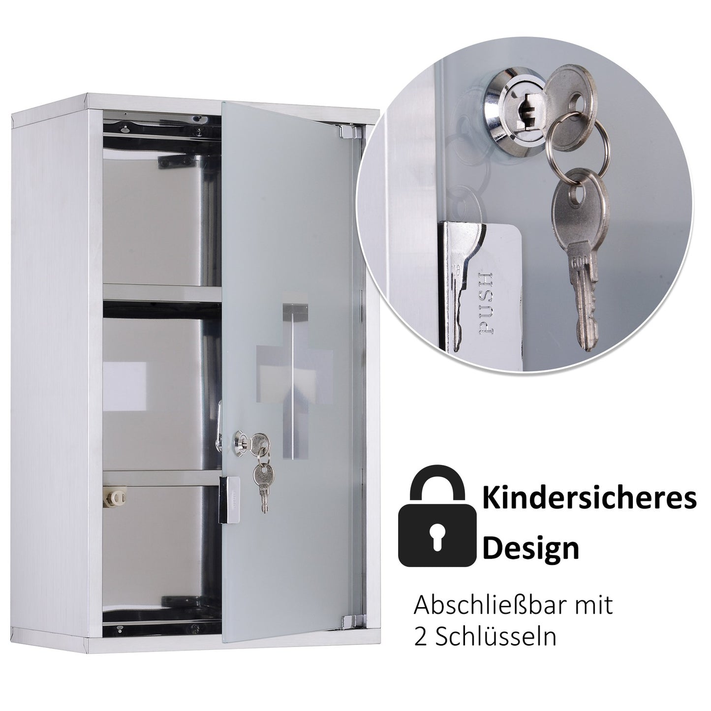 Locking medicine cabinet in stainless steel, 30x18x50 cm Safe storage