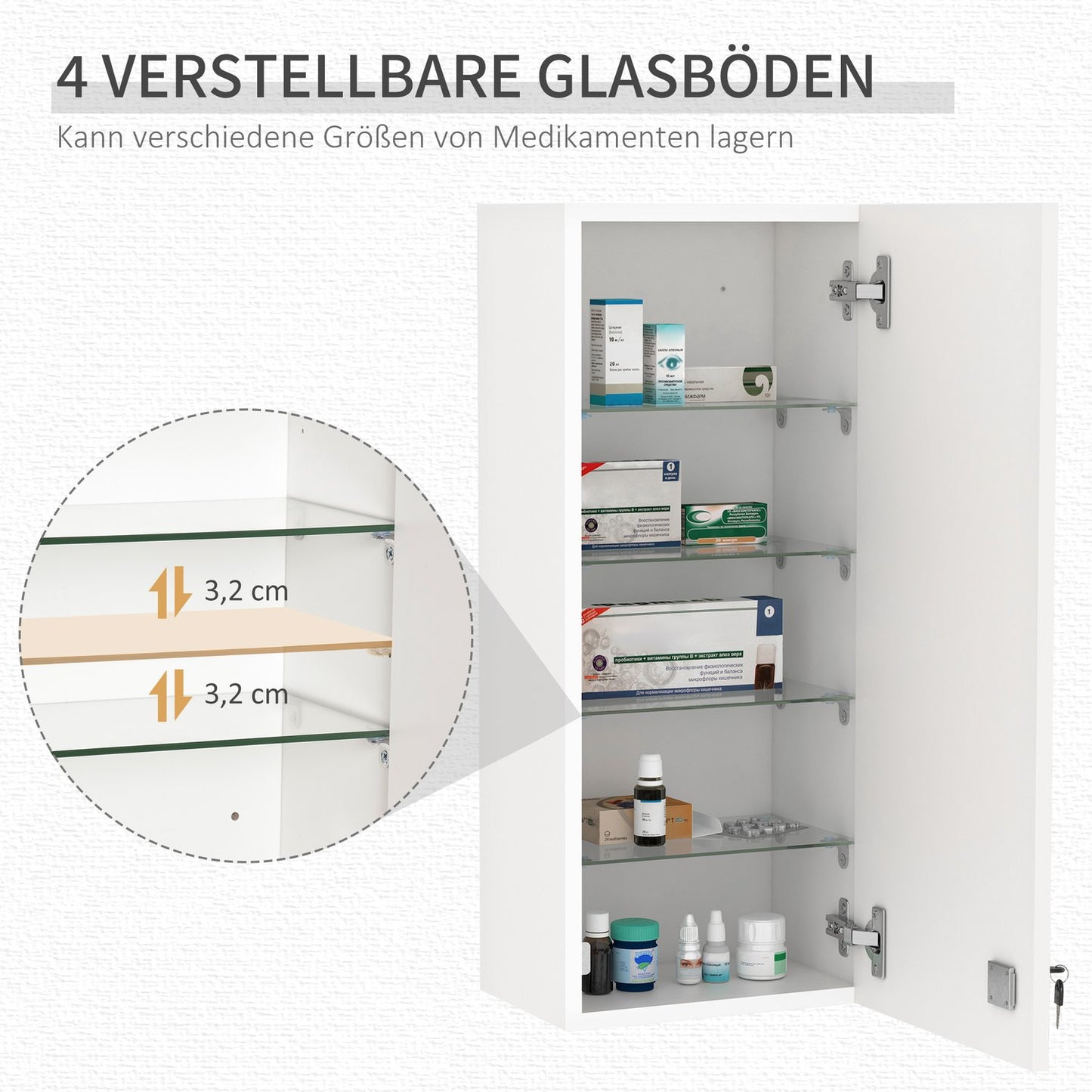Lockable medicine cabinet - Wall mounted, adjustable shelves