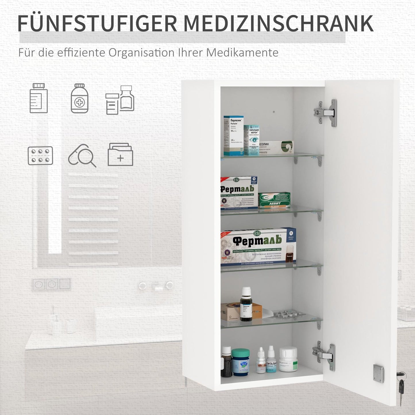 Lockable medicine cabinet - Wall mounted, adjustable shelves