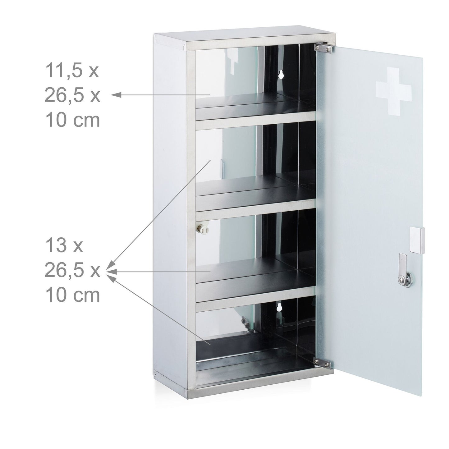 Medicine Cabinet, Lockable Glass Door, 4 Compartments