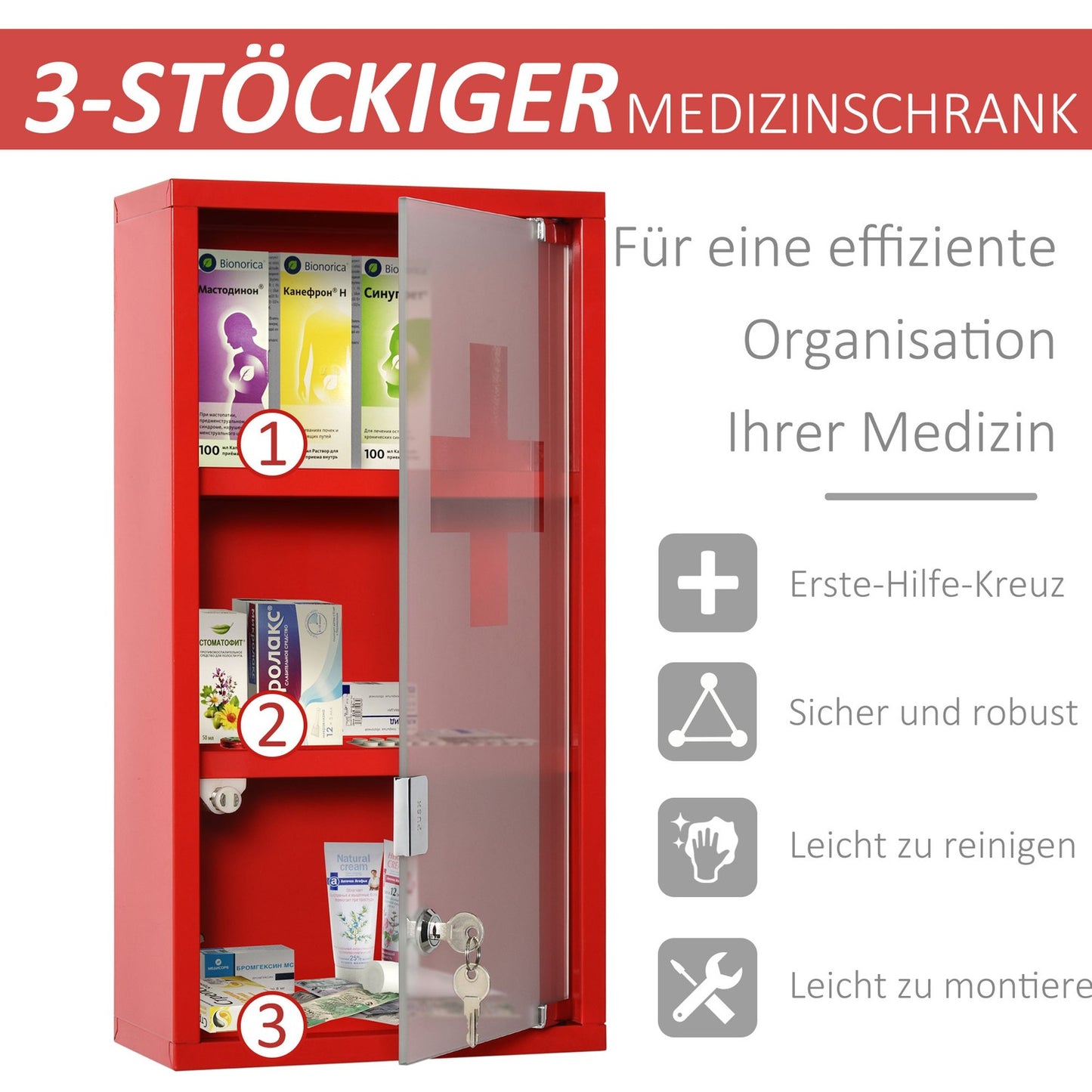 Red First aid cabinet in metal with lock, 3 compartments