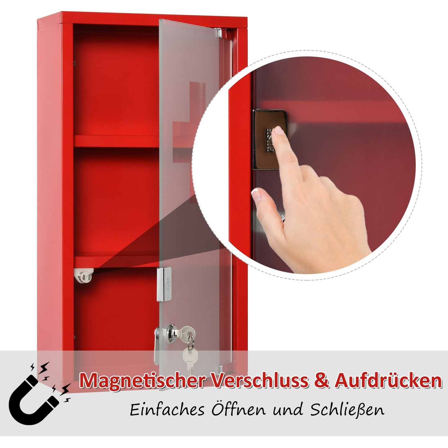 Red First aid cabinet in metal with lock, 3 compartments