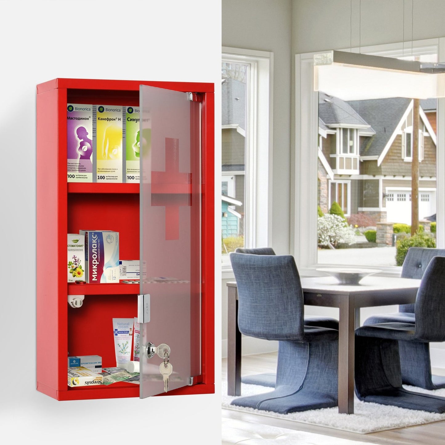 Red First aid cabinet in metal with lock, 3 compartments