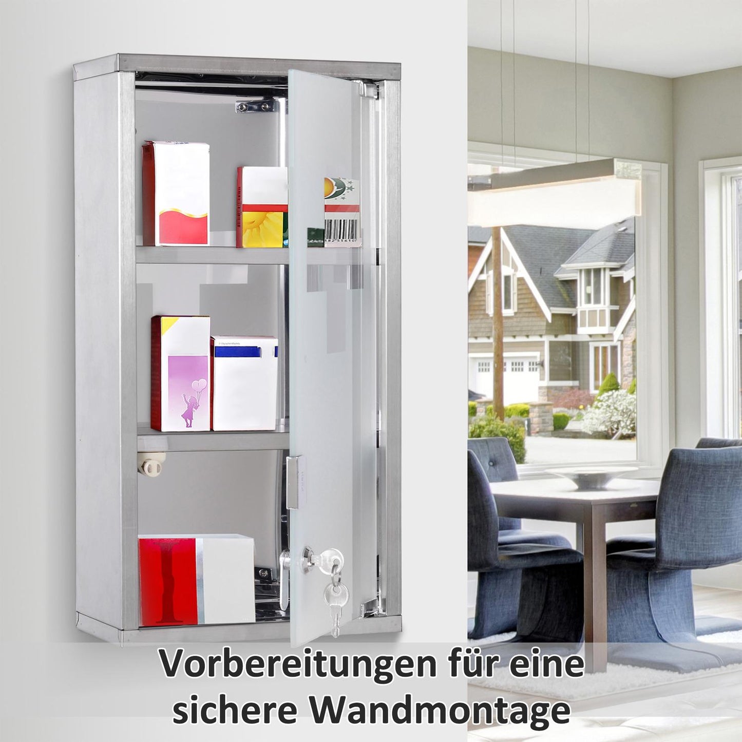 Medicine cabinet in stainless steel, 3 compartments, 25x12x48cm