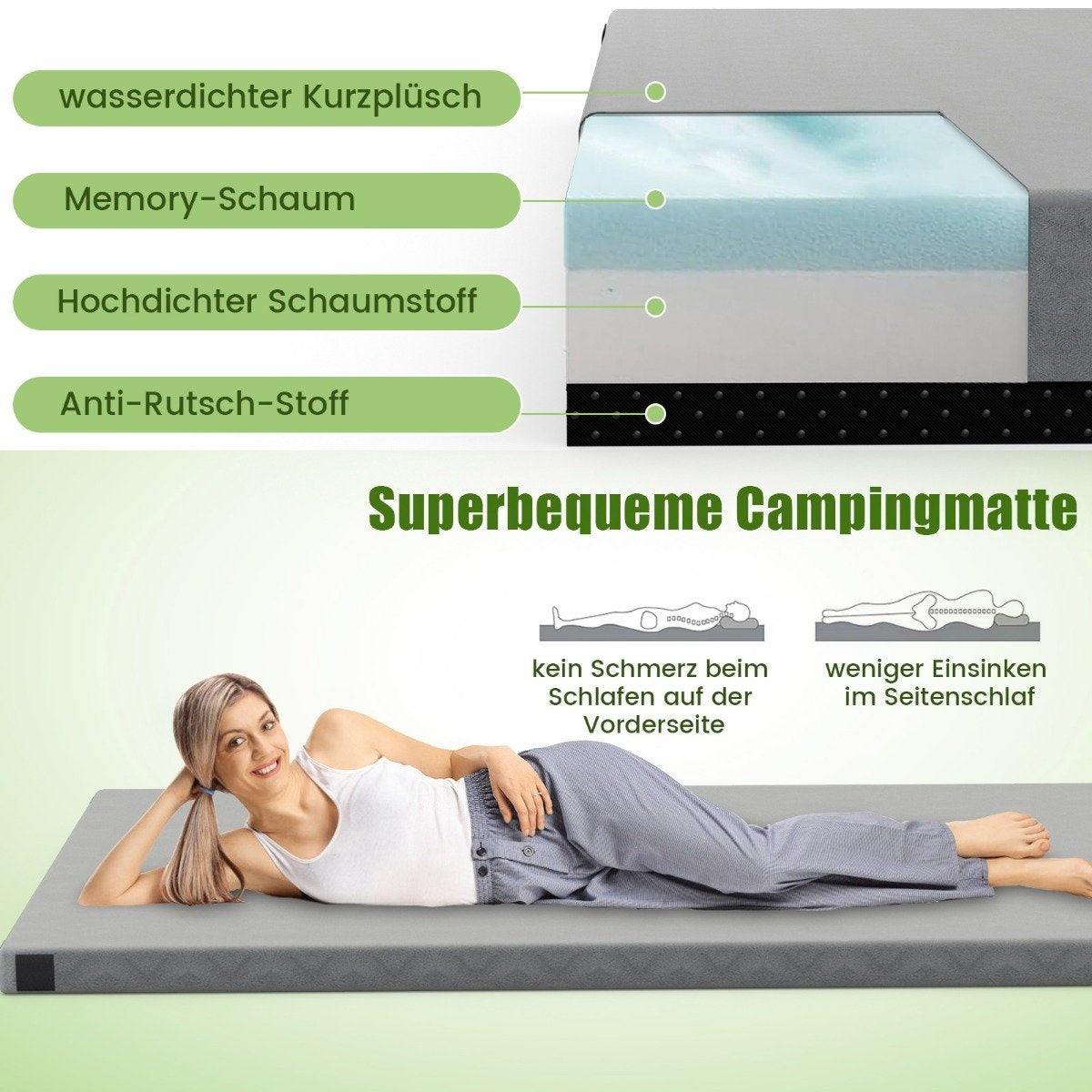Memory foam camping mattress roll-up camping mat with waterproof coating 188 x 97 x 6.5 cm gray