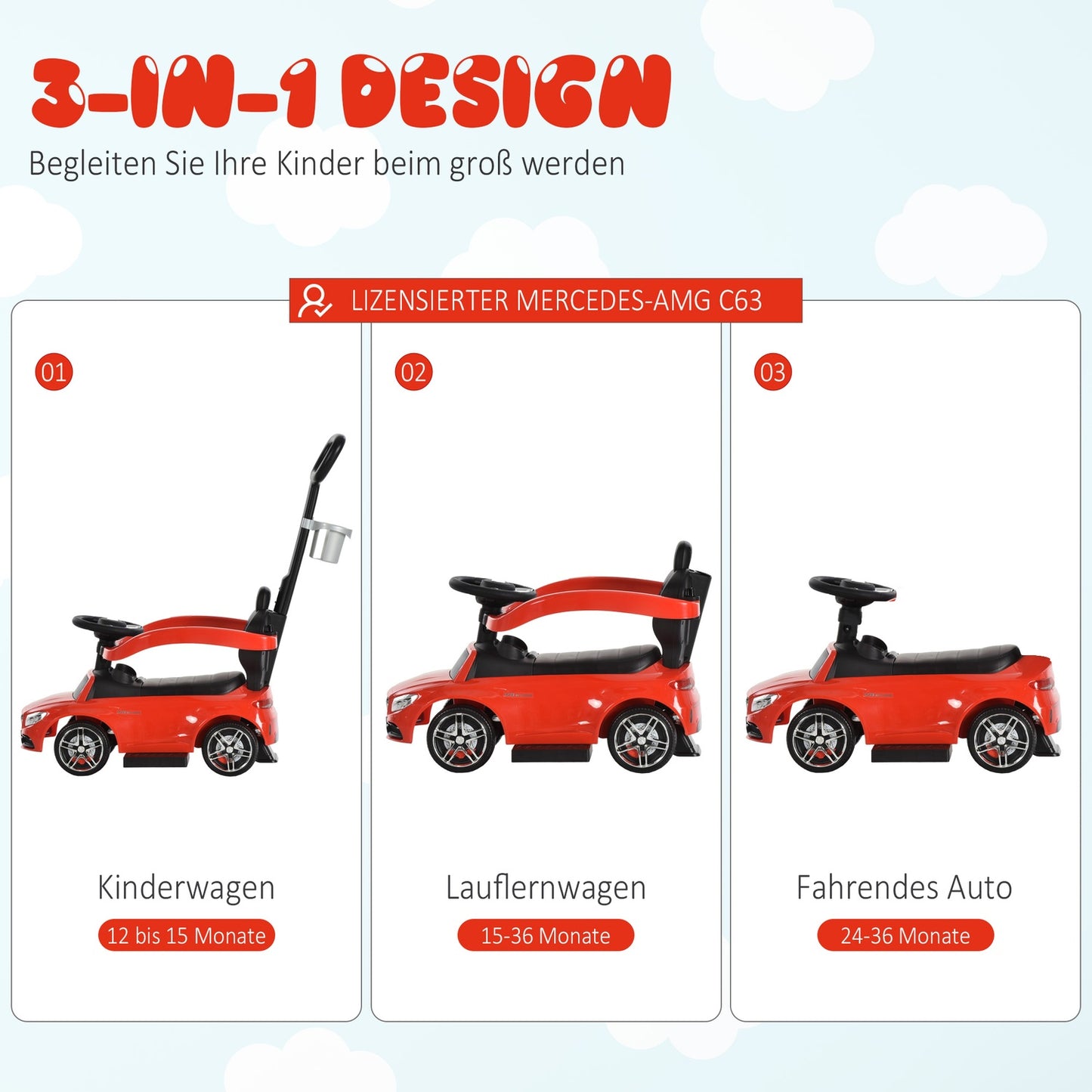 Ride-on children's car with push handle and backrest
