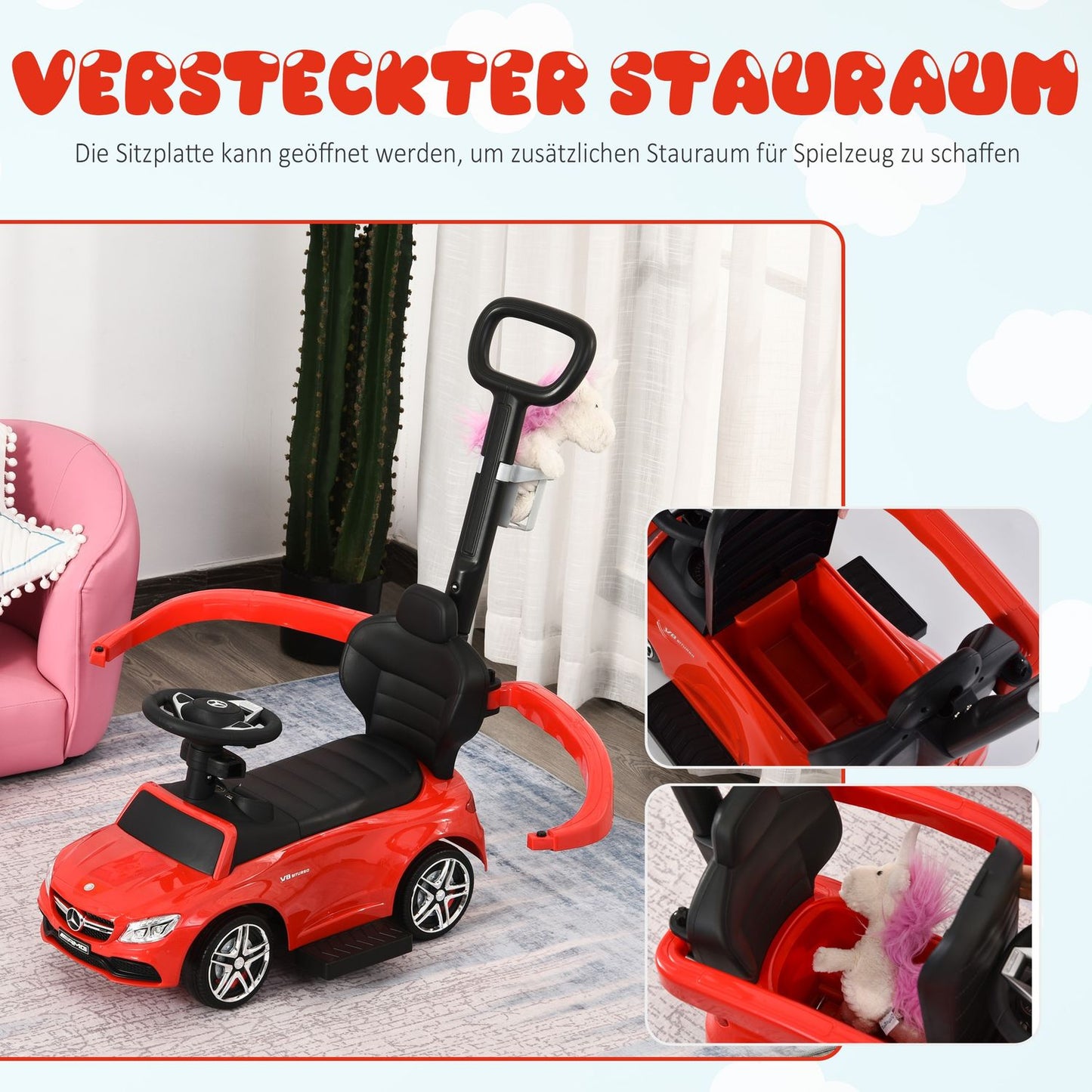 Ride-on children's car with push handle and backrest