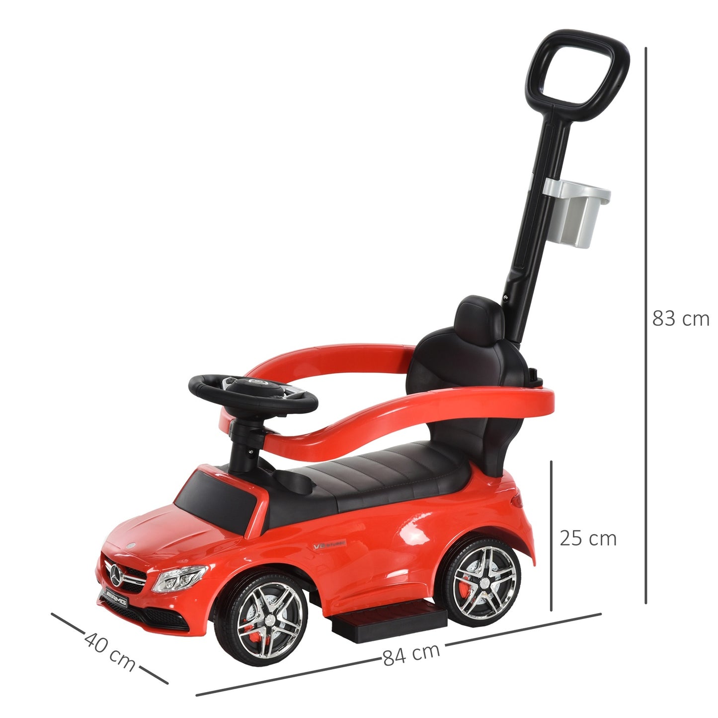 Ride-on children's car with push handle and backrest