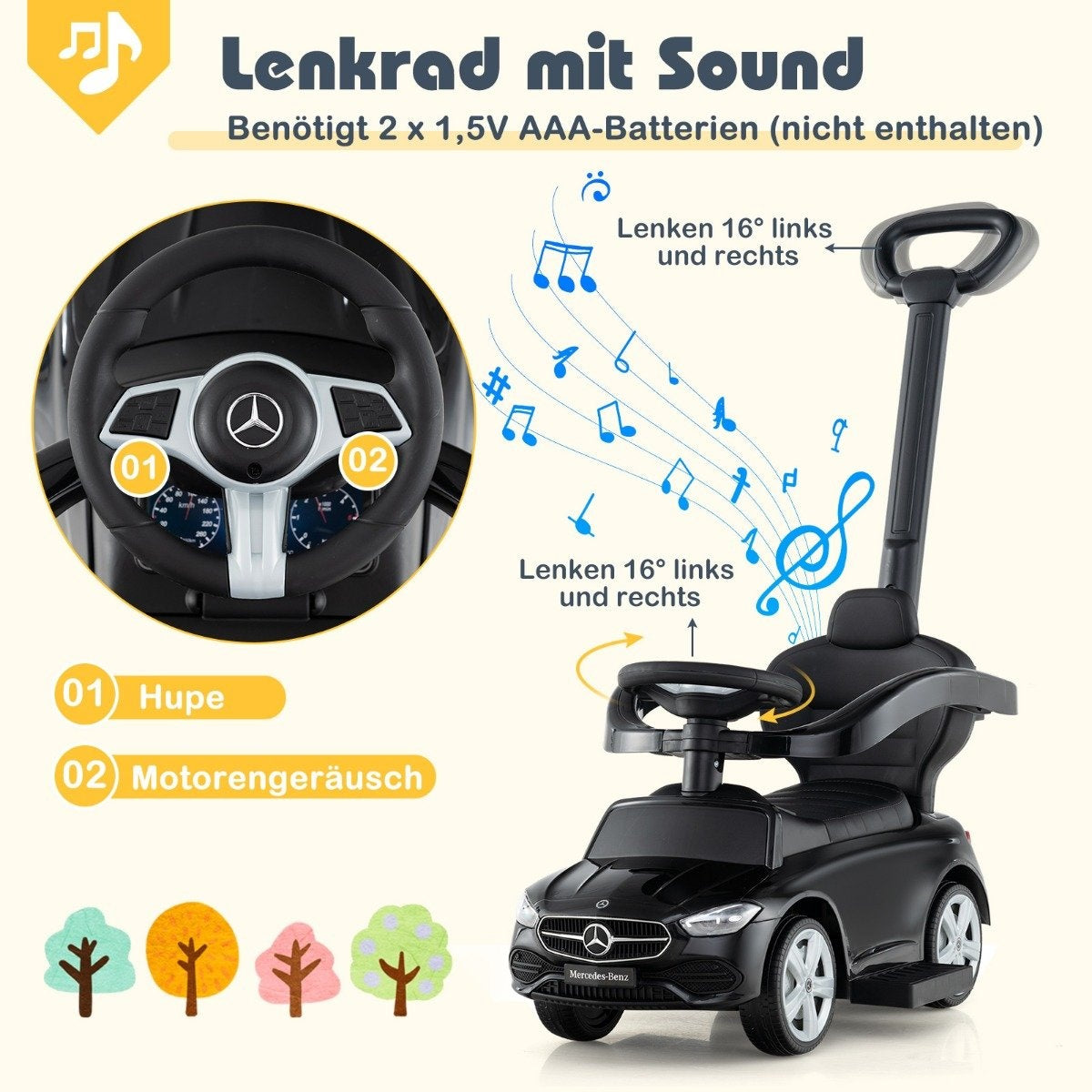 Mercedes-Benz ride-on car 3-in-1 ride-on vehicle with push handle ride-on car for children aged 1 year and over black