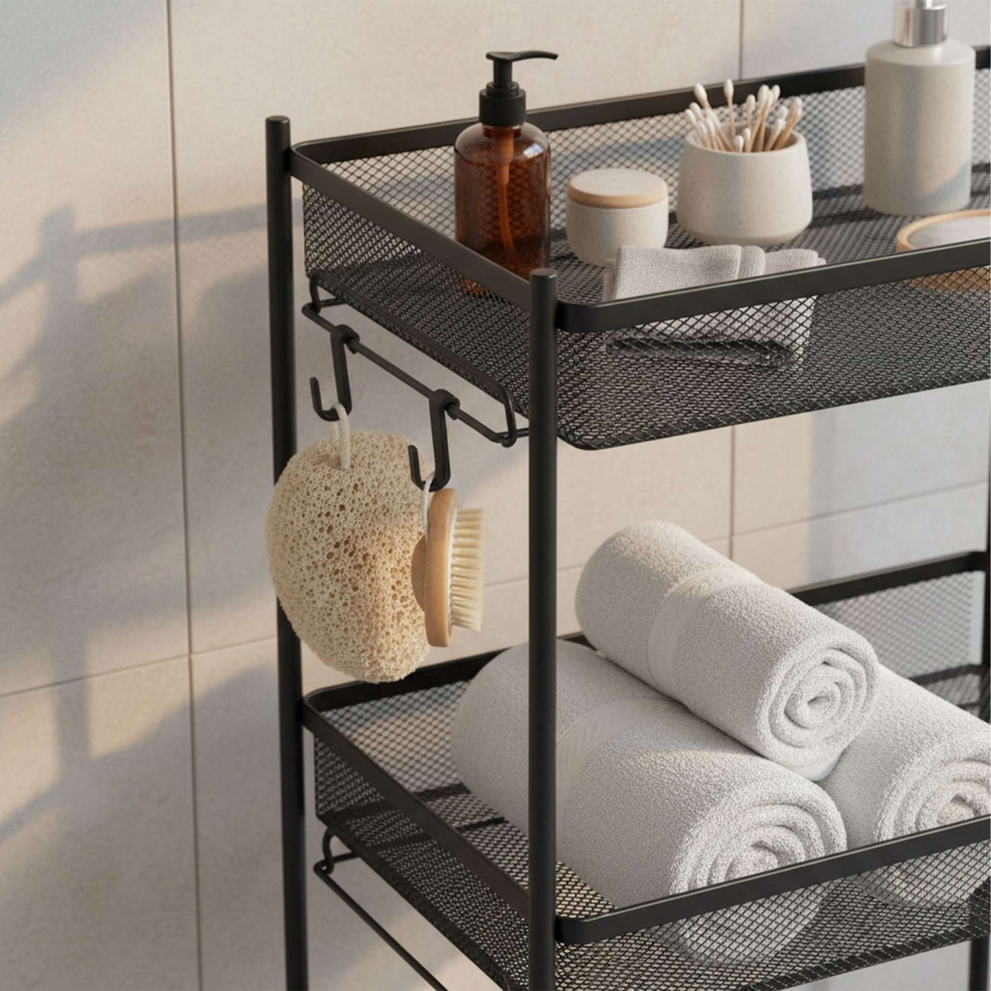 Mesh Trolley with Multi-Level Metal Shelves and Hooks