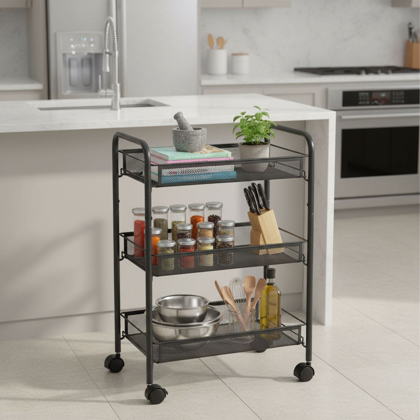 Mesh Trolley with Wheels – Multi-Level Metal Shelves
