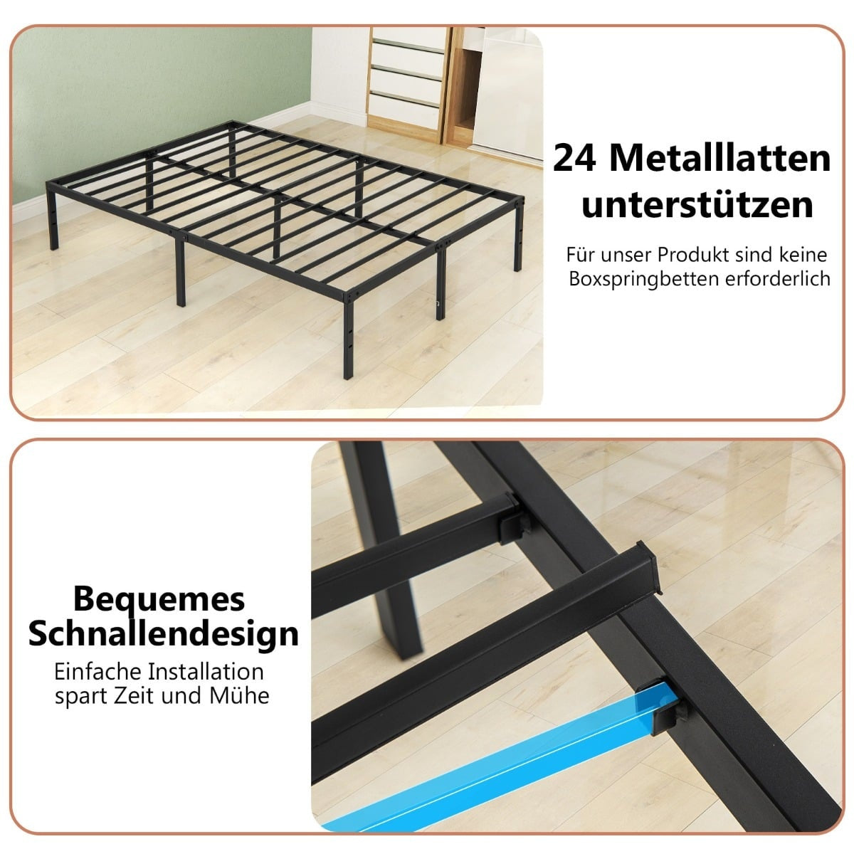 Metal Bed Frame, 160x200 cm, Black, No Box Spring Needed