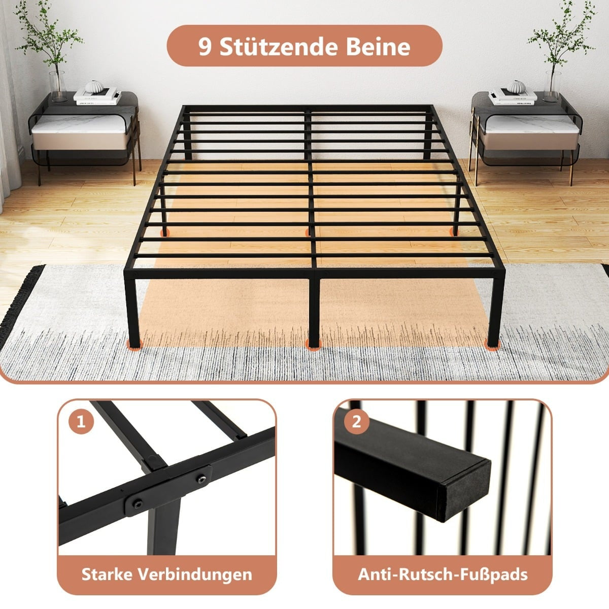 Metal Bed Frame, 160x200 cm, Black, No Box Spring Needed
