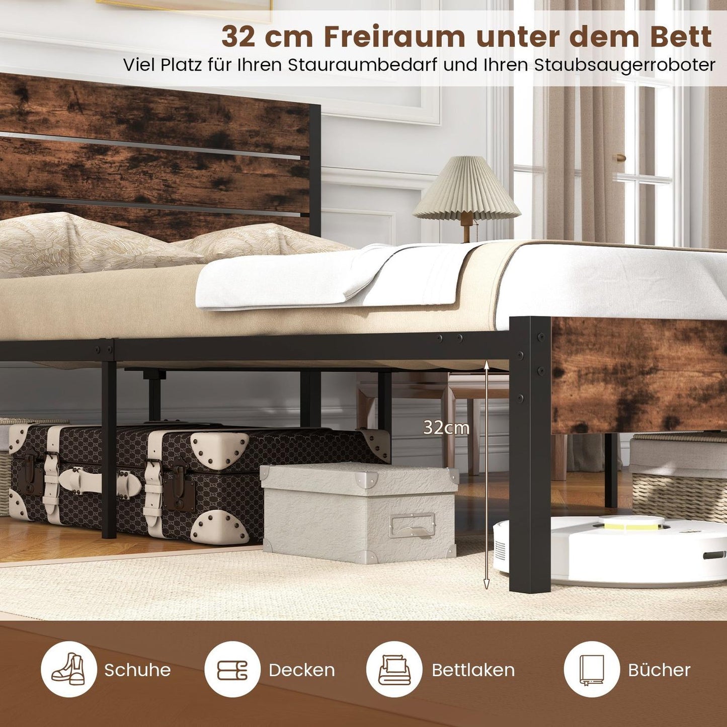 Metal Bed Frame for 200x140 cm Mattress with Storage