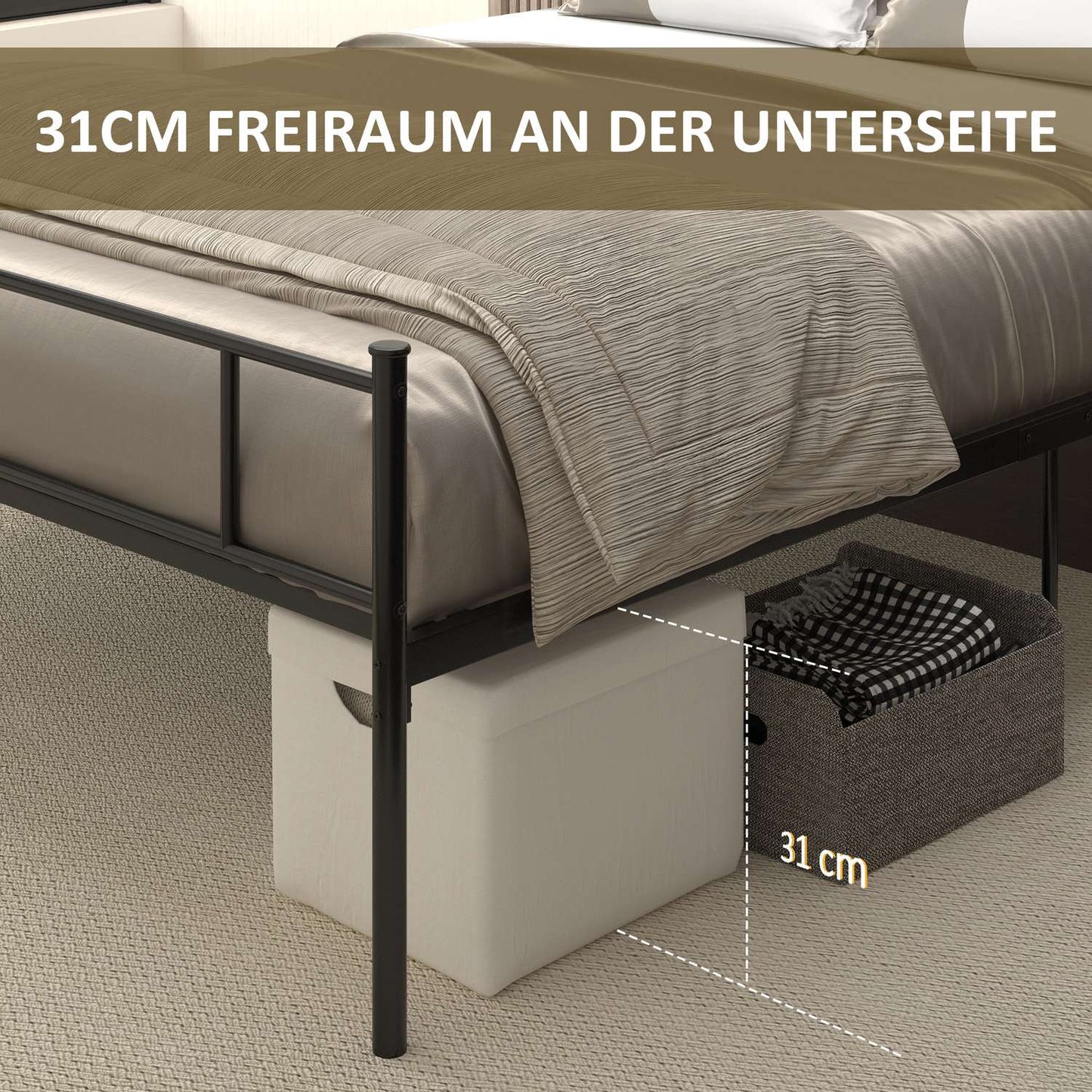 Metal Bed Frame with Headboard, 300kg Capacity, Black