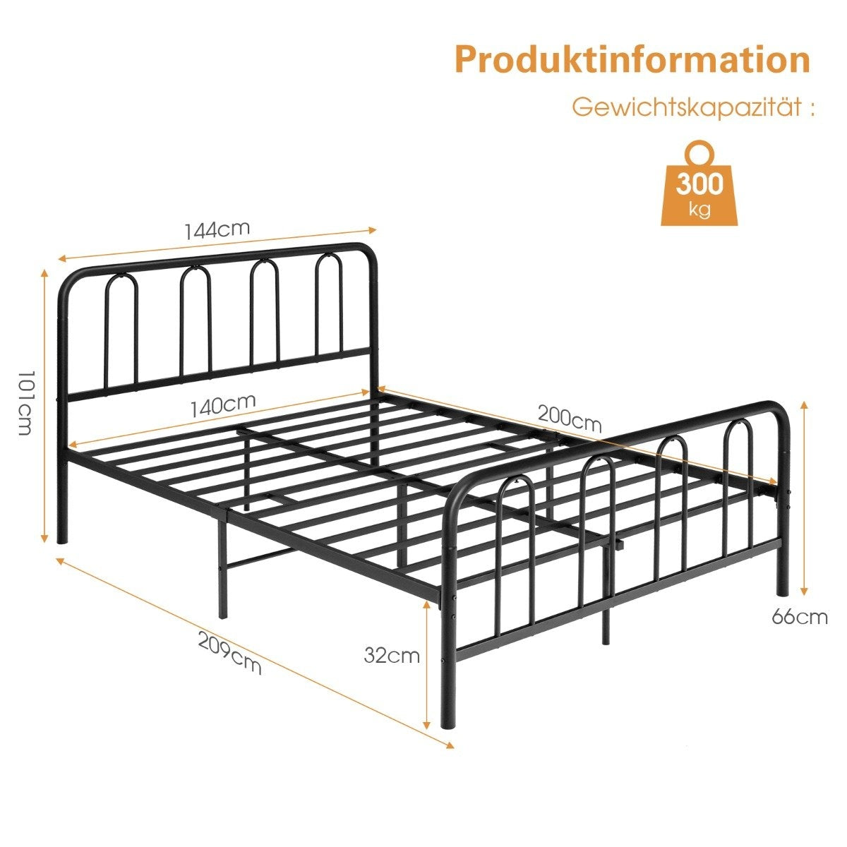 Metal Bed Frame with Headboard and Footboard Modern Platform Bed 209 x 144 x 101 cm Black