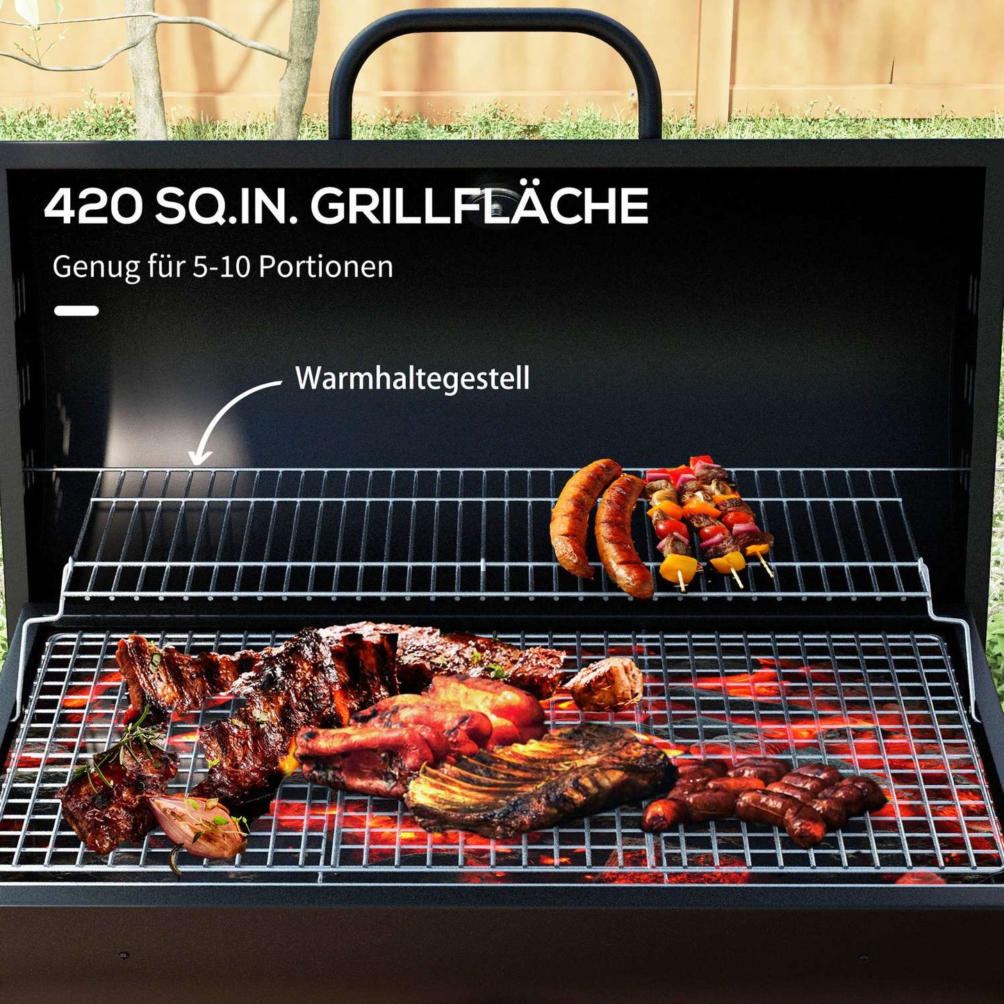 Adjustable charcoal grill with thermometer and wheels