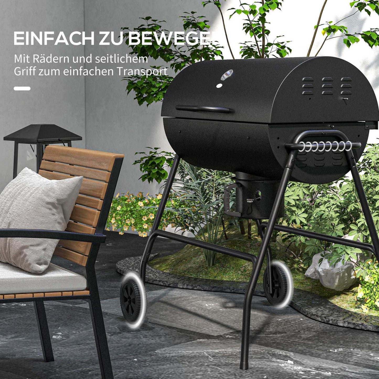 Adjustable charcoal grill with thermometer and wheels