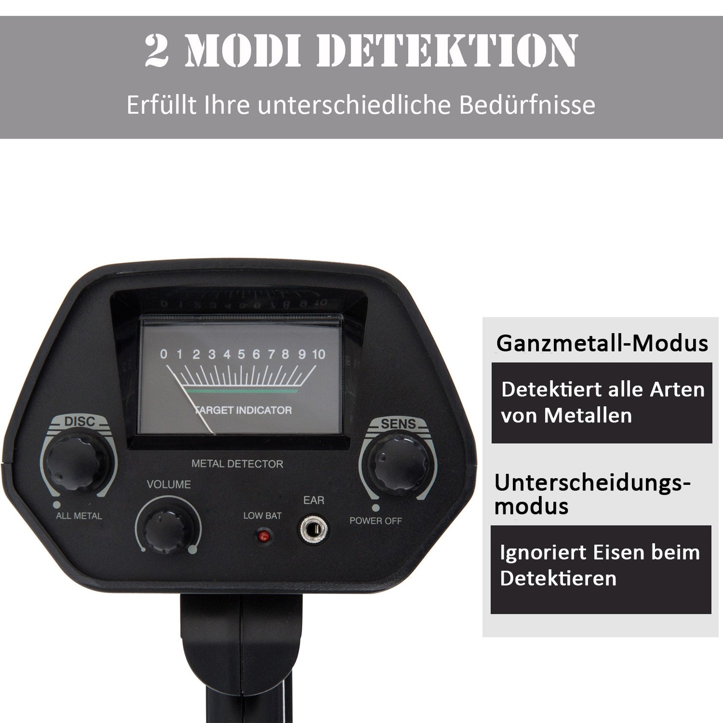 Waterproof metal detector with 16.5 cm coil, adjustable length
