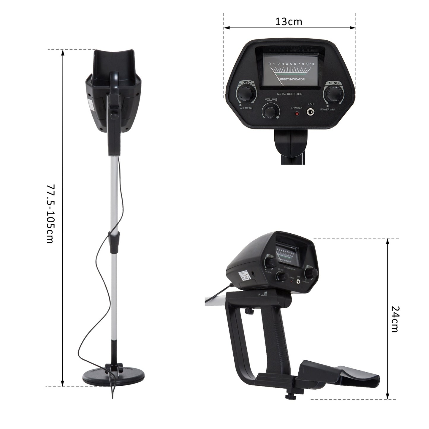 Waterproof metal detector with 16.5 cm coil, adjustable length