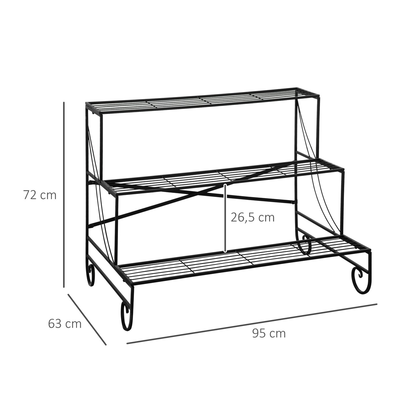 Black metal 3-tier plant stand for garden and balcony