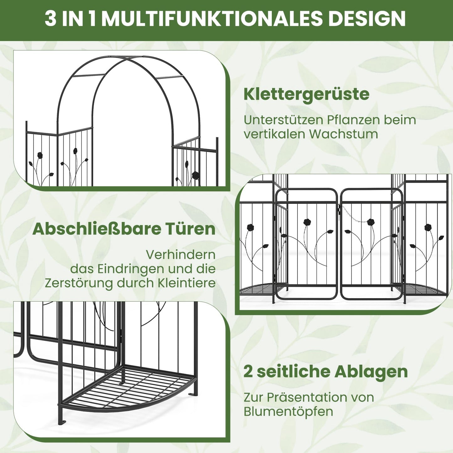 Metal Garden Arch with Gate & Plant Shelves – Black