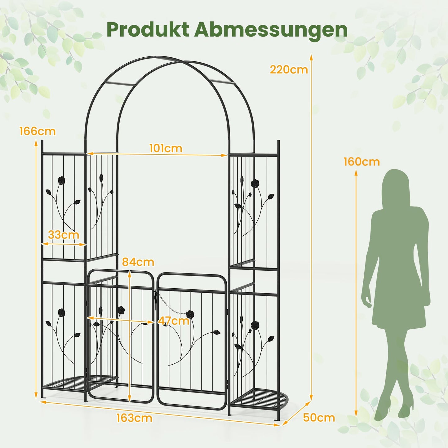 Metal Garden Arch with Gate & Plant Shelves – Black
