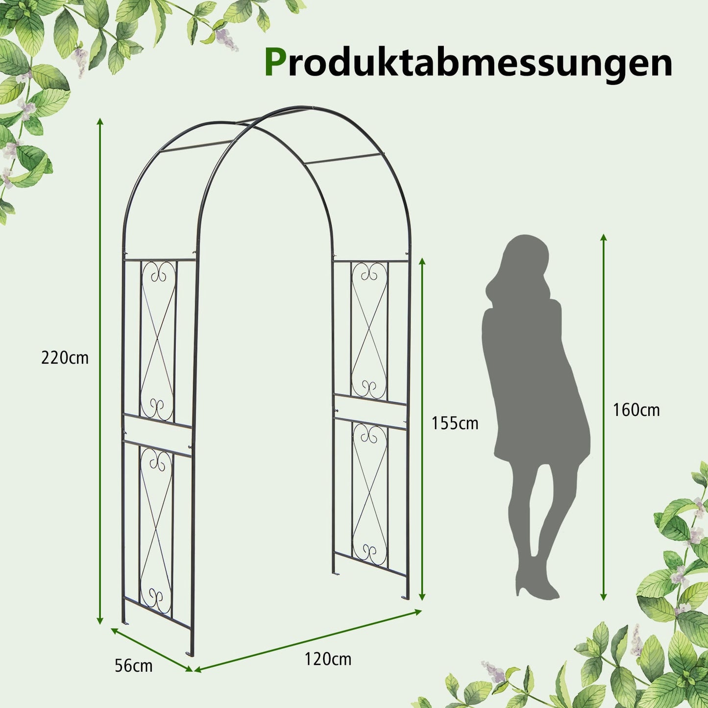 Metal Garden Arch with Stakes for Climbing Plants, Black