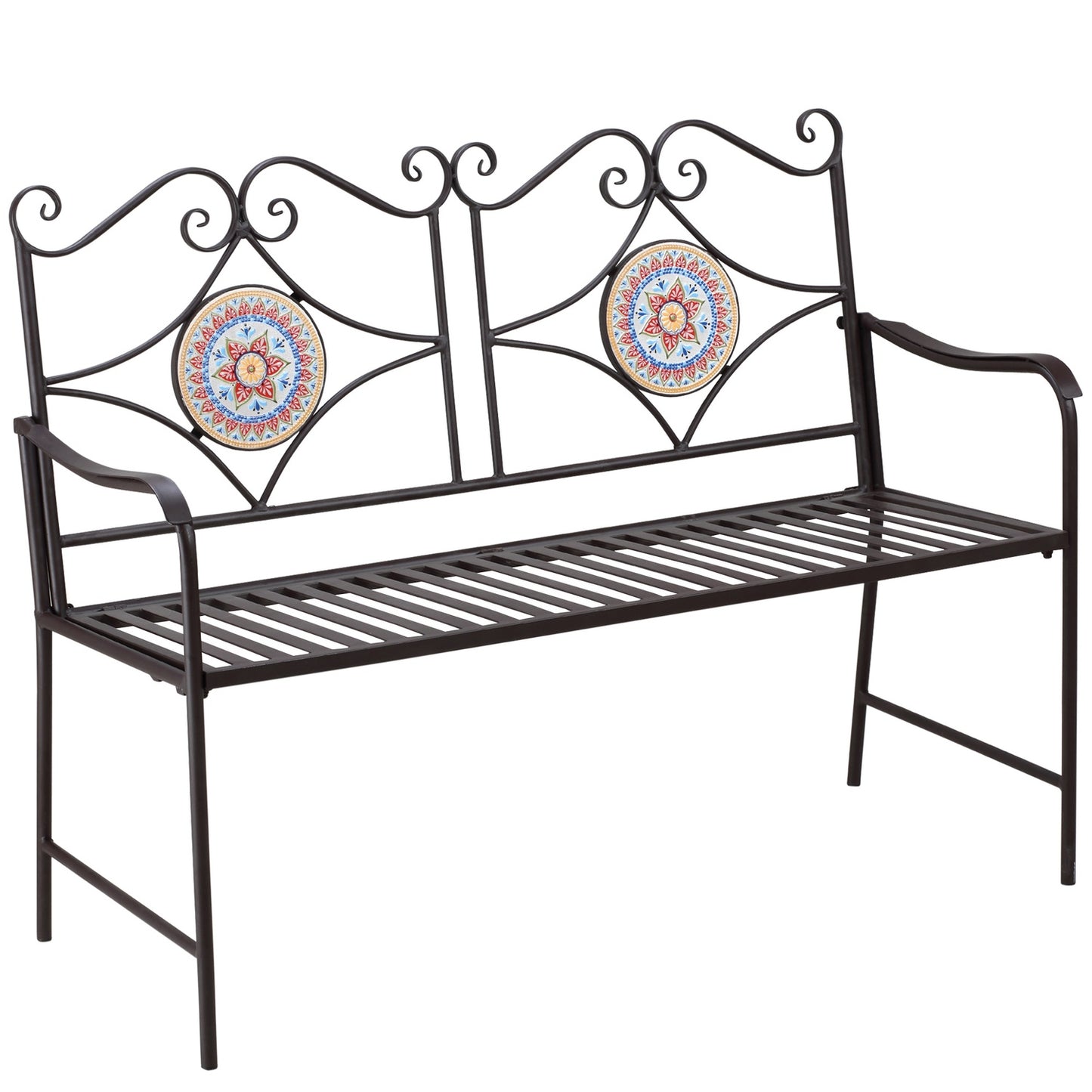 Metal garden bench, 2-seater with mosaic backrest, brown