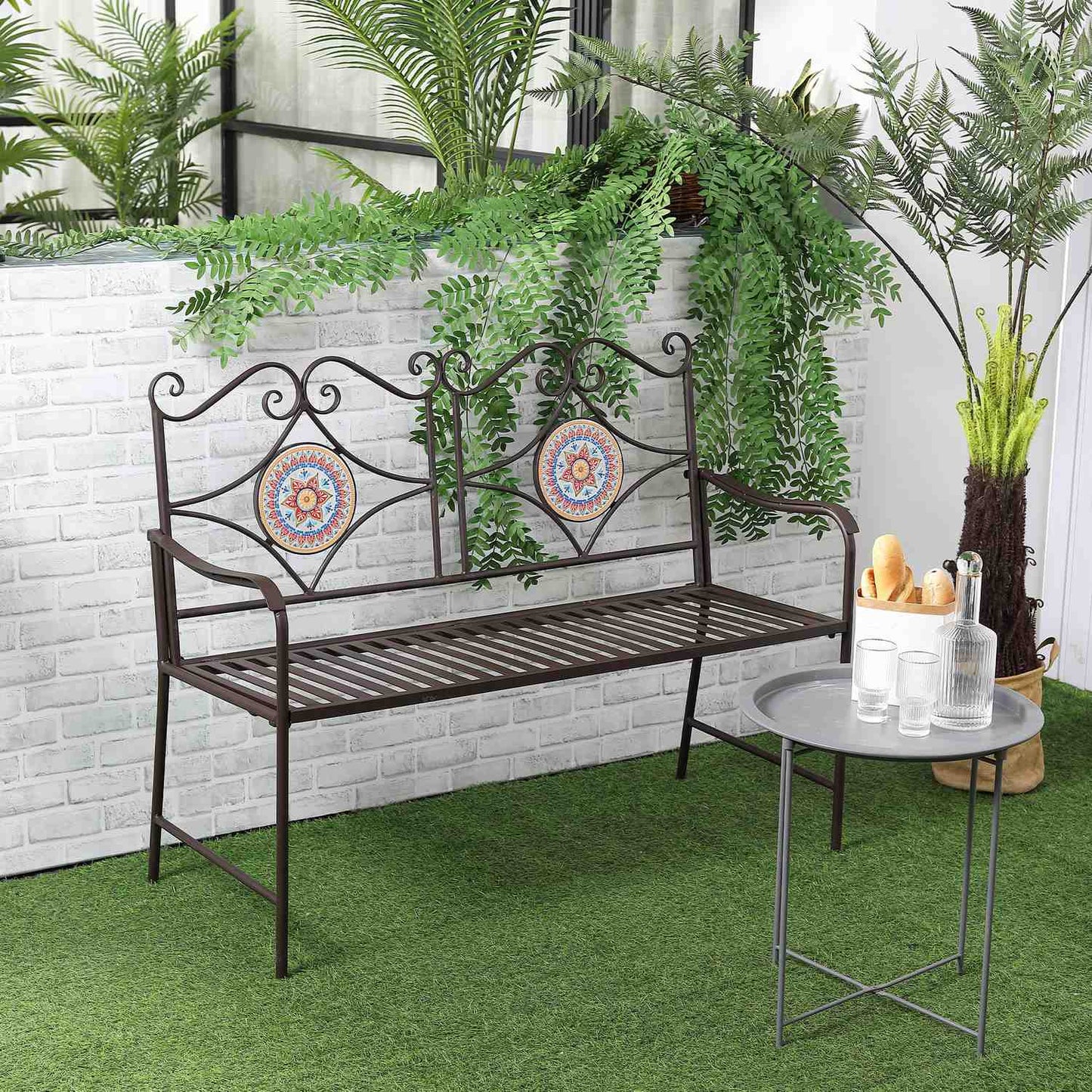 Metal garden bench, 2-seater with mosaic backrest, brown