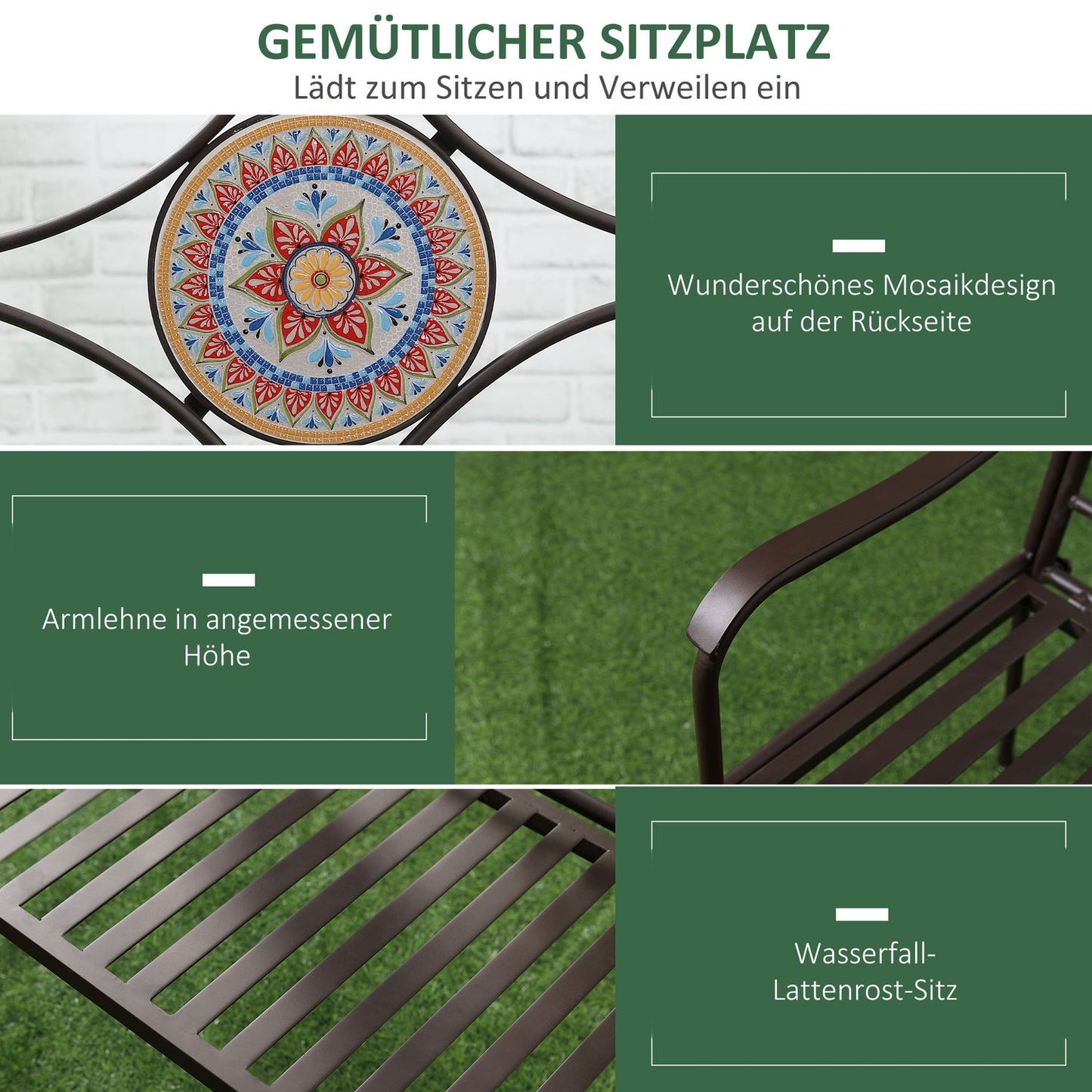 Metal garden bench, 2-seater with mosaic backrest, brown