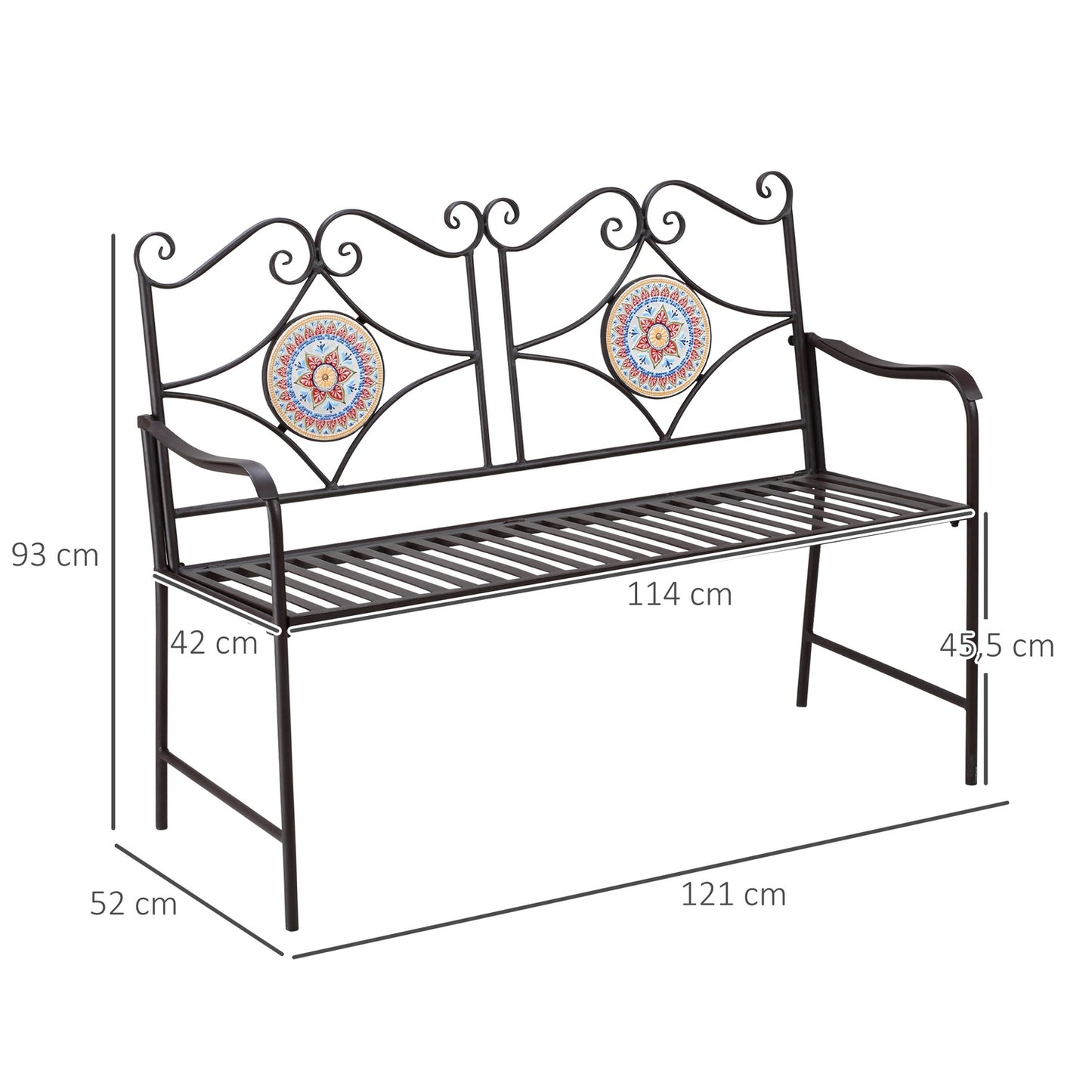 Metal garden bench, 2-seater with mosaic backrest, brown