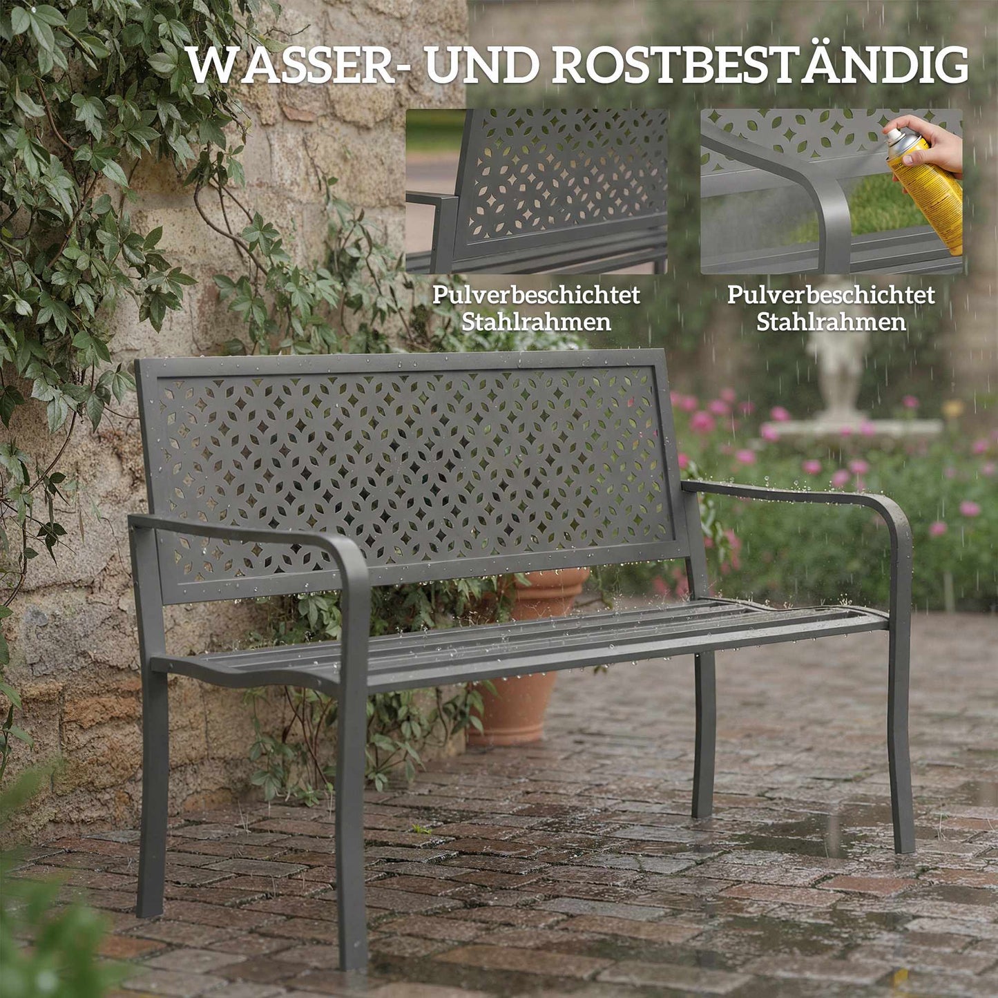 Metal Garden Bench, Dark Grey, Rust-Resistant, 2-Seater