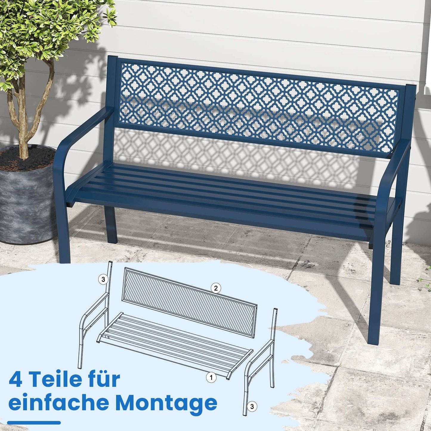 Metal Garden Bench, Weatherproof, Seats 2-3, Blue