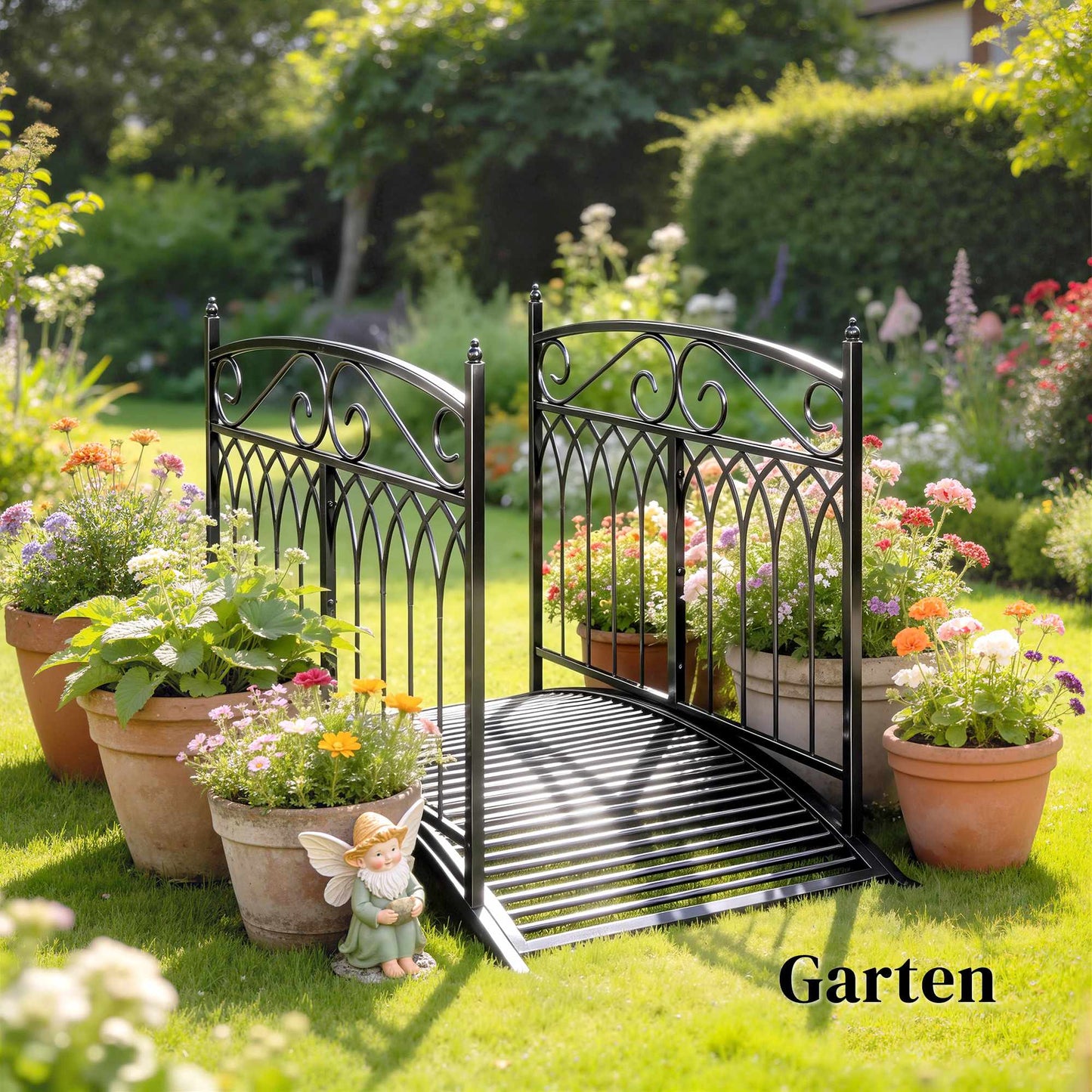 Metal Garden Bridge with Safety Rails, 135.5 cm, Black