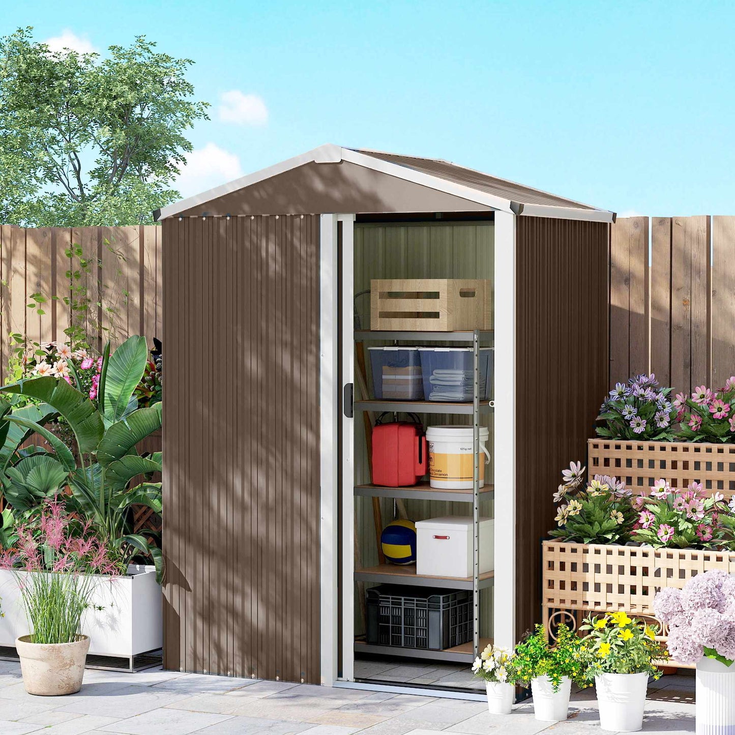 Metal Garden Shed, Galvanized Steel, Sliding Door, Brown