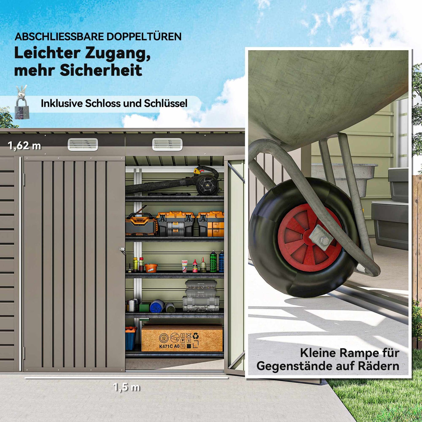 Metal Garden Shed with Double Doors, 249 x 121 x 183 cm, Light Grey